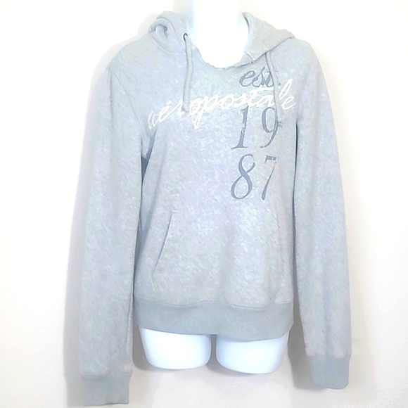 Aeropostale Hoodie Sweatshirt Gray drawstring hood kangaroo pockets 1987 Logo L - Picture 1 of 7